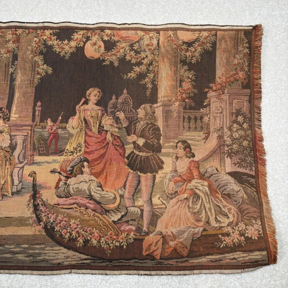 Vintage Belgium Woven‎ Tapestry Runner Courting Venetian Party Scene 57x19.75